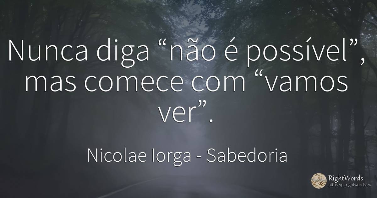 Nunca diga “não é possível”, mas comece com “vamos ver”. - Nicolae Iorga, citação sobre sabedoria