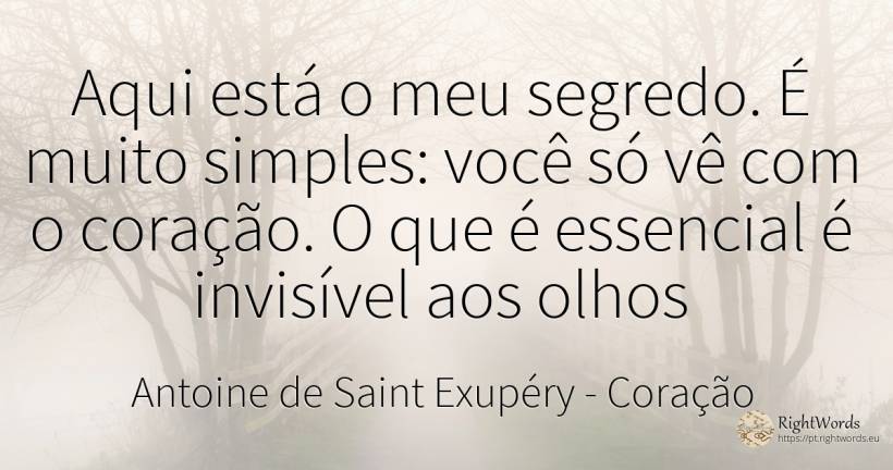 Aqui está o meu segredo. É muito simples: você só vê com... - Antoine de Saint Exupéry (Exuperry), citação sobre coração