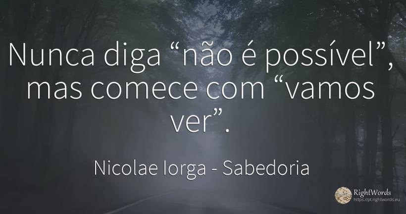 Nunca diga “não é possível”, mas comece com “vamos ver”. - Nicolae Iorga, citação sobre sabedoria